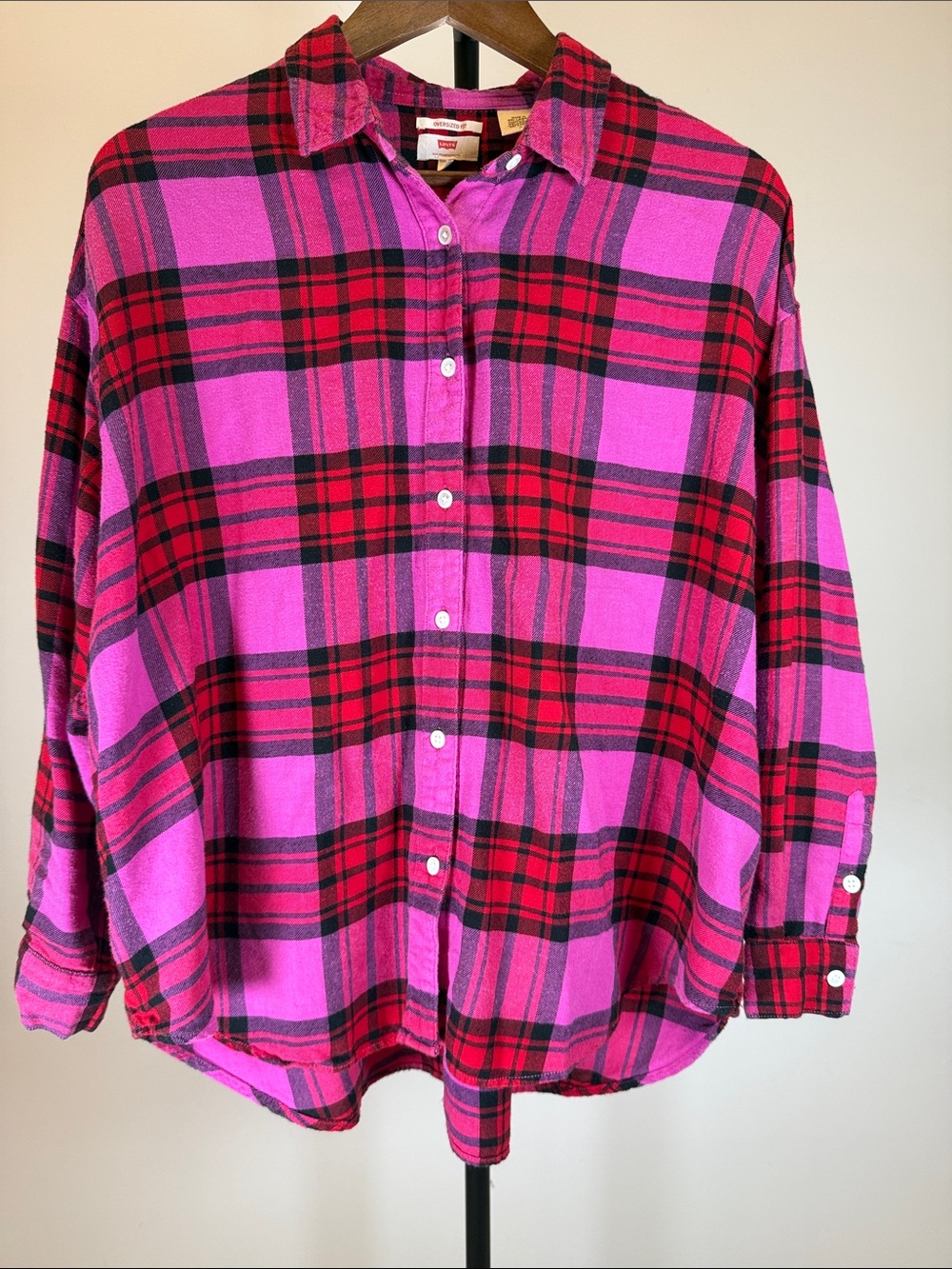 Levi's Pink and Red Plaid Oversized Button-Up Shirt | Size M